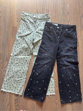 2 sz 11/12 Zara Kids Wide Leg Black Grommet Jeans & Green Heart-Print Pants